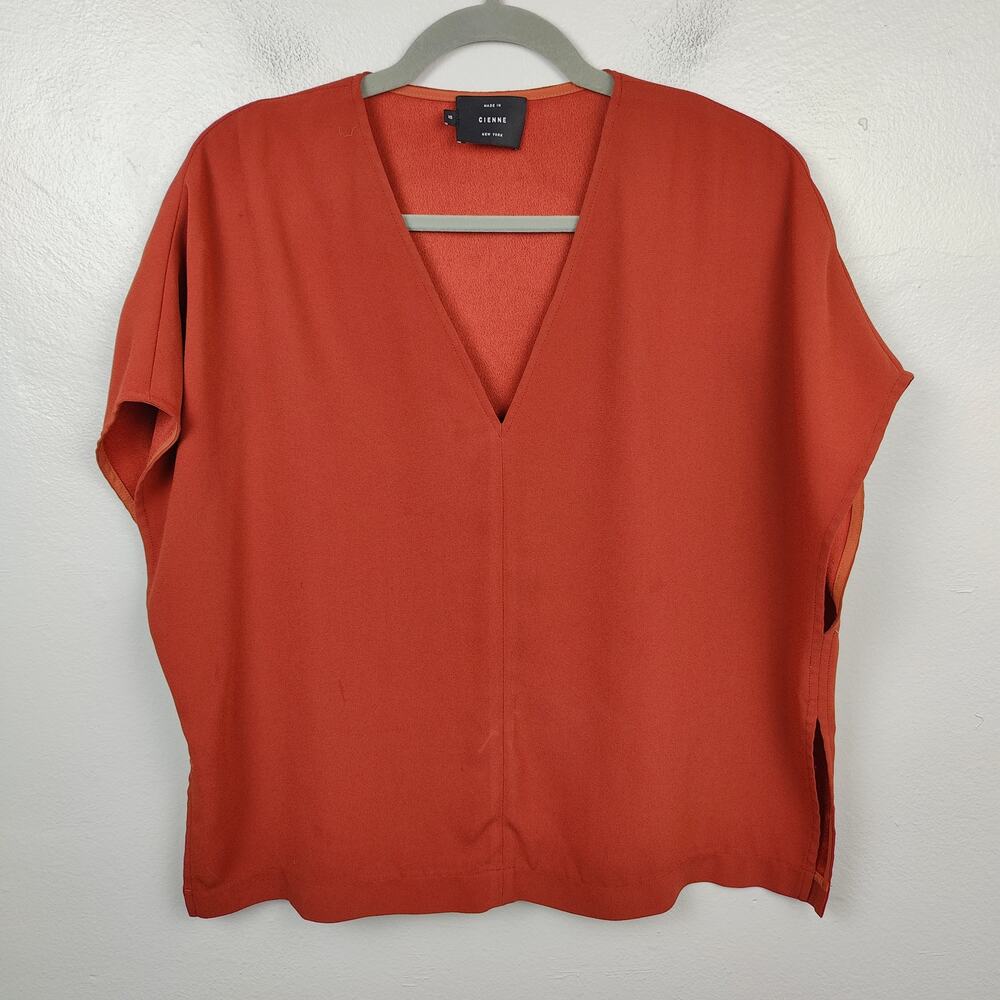 Cienne NY The Maya Top Womens S Cinnamon Orange Red Japanese Crepe Cap Sleeve